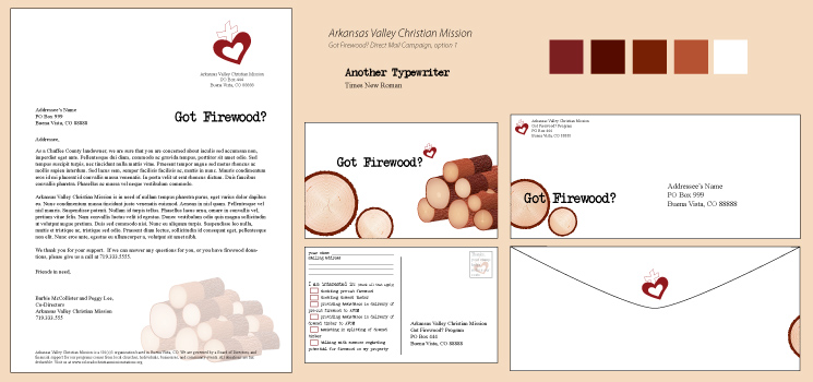 AVCM Got Firewood? direct mail campaign, color comps